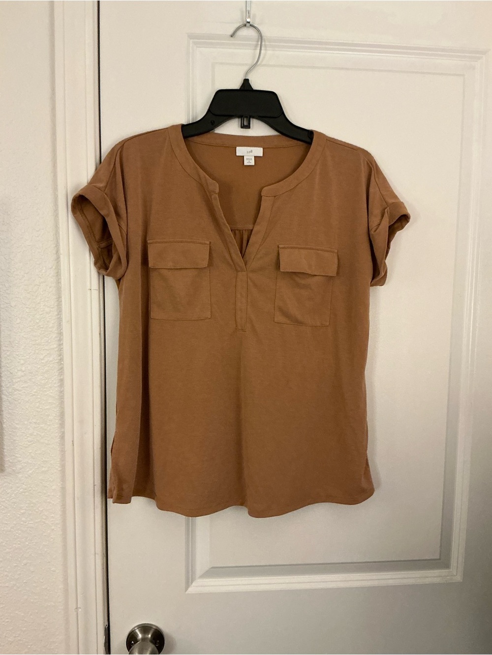 J. Jill Tan Camel Knit Split V-Neck Flap Pocket Blouse Top S